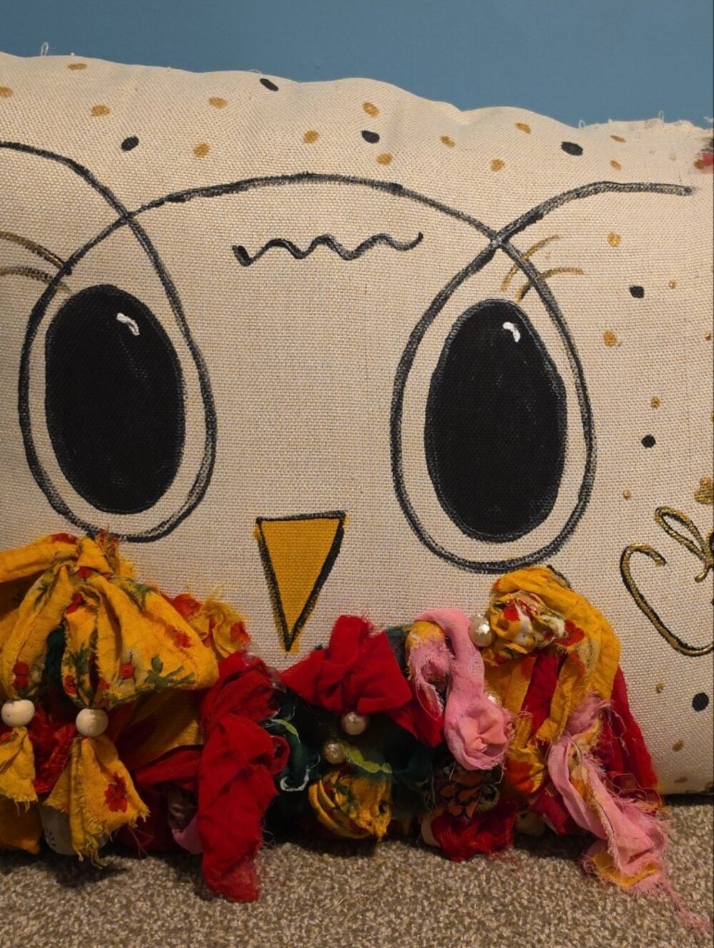 Decorative Owl Throw Pillow with Colorful Tassels